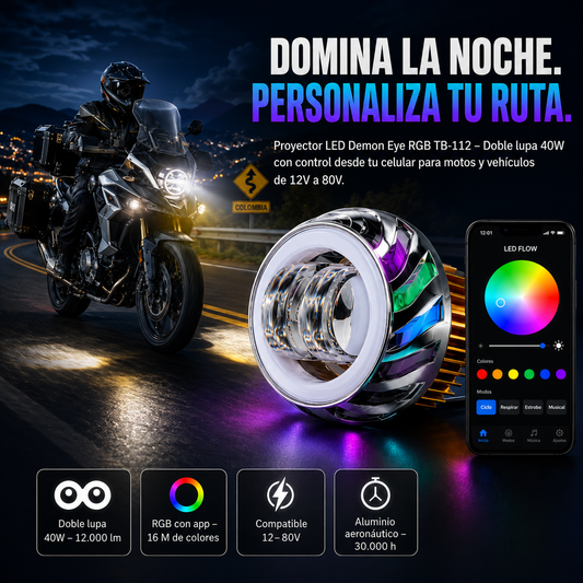 Proyector LED Demon Eye RGB TB-112: doble lupa de alta potencia con control desde app